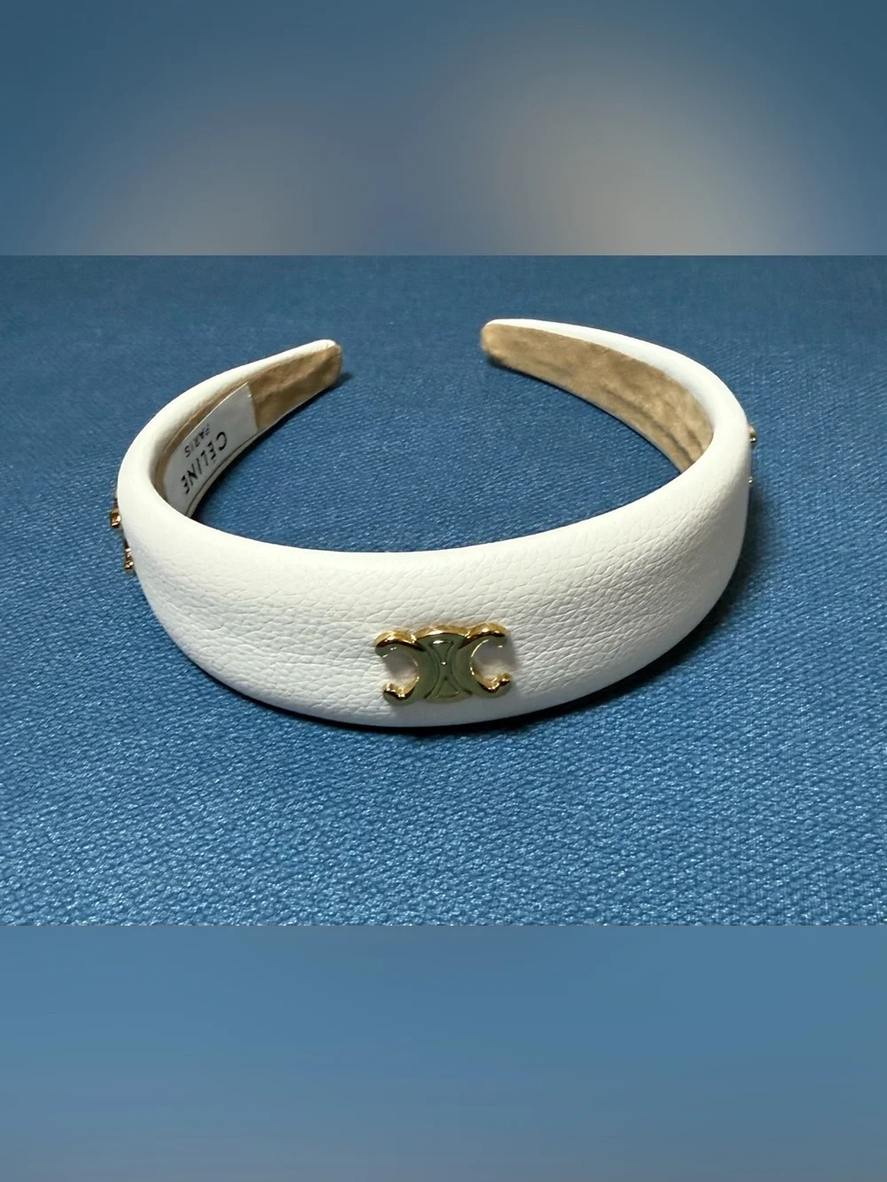 Celine white 3 gold tone Triomphe vegan leather wide headband. New